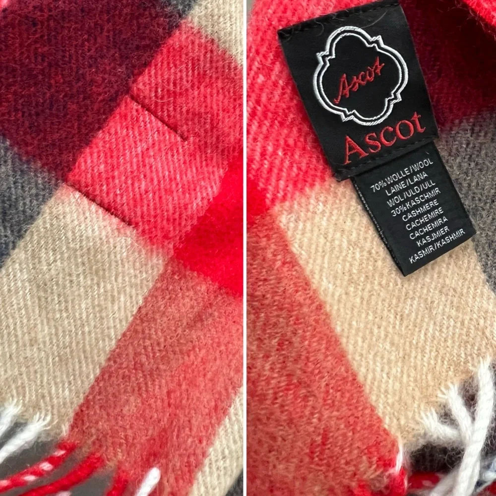 🐑🇩🇪Soft Wool & Cashmere Fringed Men’s or Women’s Tan/Red/Blue/White Plaid Scarf
